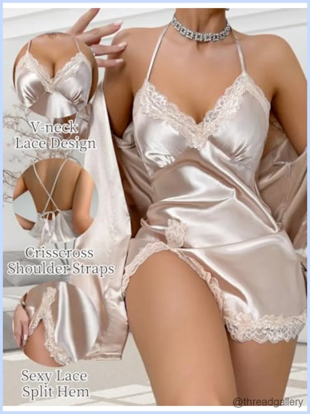 FEOYA Women's Silk Pajama Robe Set Satin Smooth Nightgown Lace Cami Nightdress